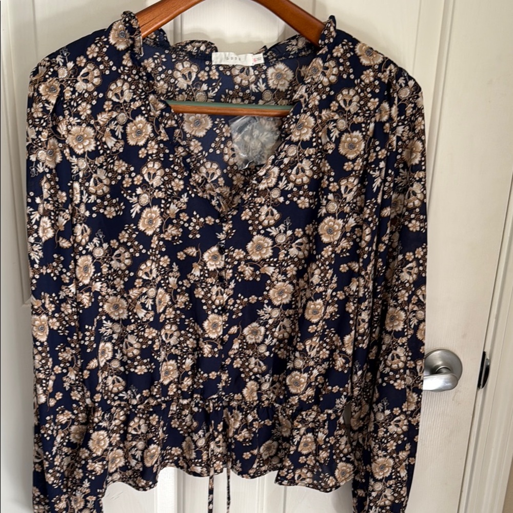 Lush Blue and Cream Floral Tie Front Blouse